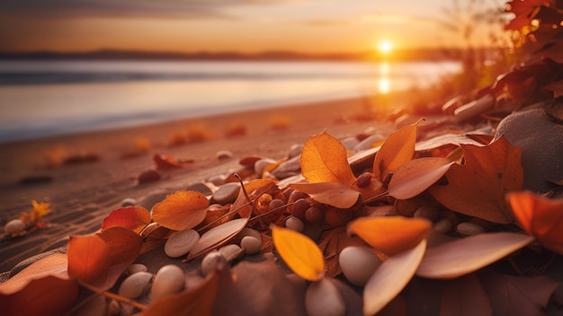 Closeup autumn leaves lying on the sand at the beach Sunset