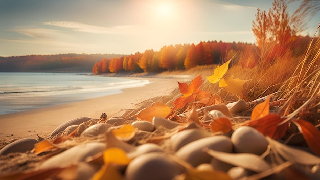 Closeup autumn leaves lying on the sand at the beach Sunset