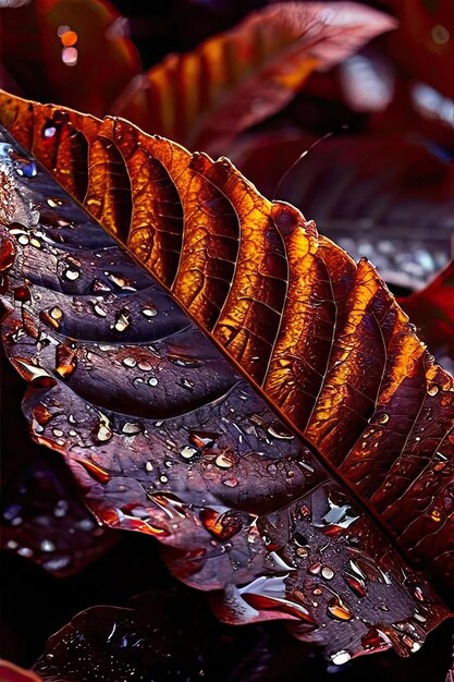 Photo closeup of autumn leaves with raindrops colorful background