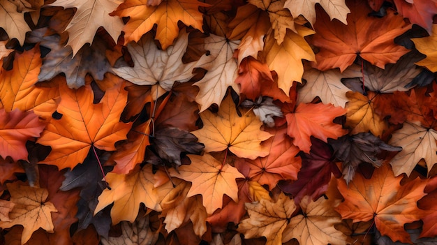 closeup of autumn yellow golden thick blanket of fallen dry maple leaves on ground Generative AI