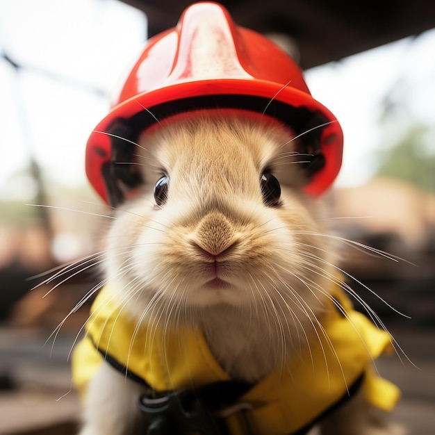 A closeup of a baby bunny in a firefighter helmet