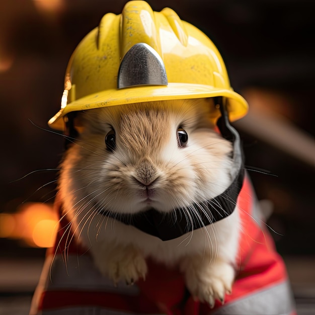 A closeup of a baby bunny in a firefighter helmet