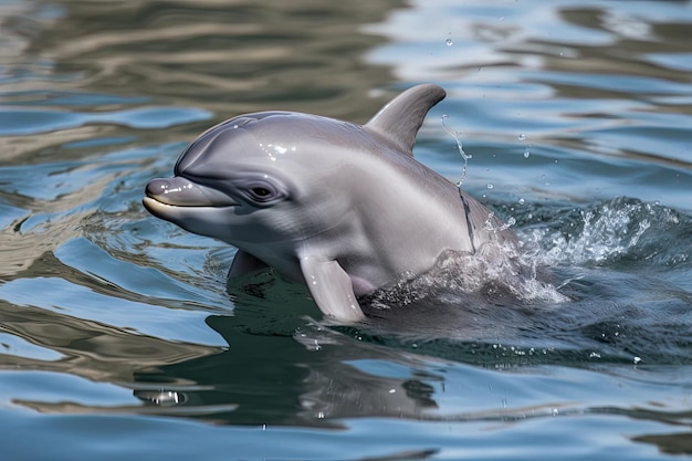 Photo closeup of baby dolphin leaping out of the water with its tail visible created with generative ai