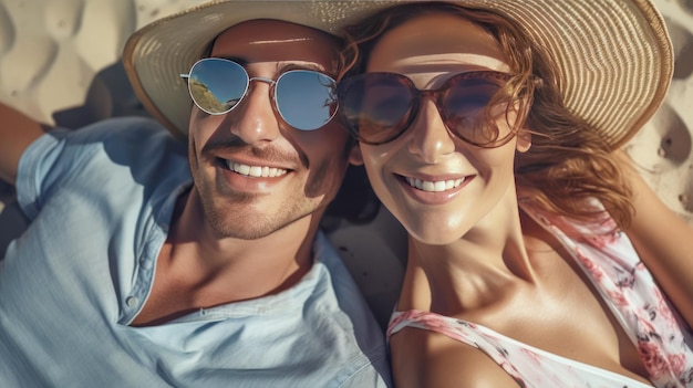 Photo closeup of the back of a happy tourist couple at the beach