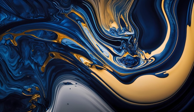 Крупный план фонового изображения чернильной краски мраморного темно-синего и золотого цвета Высокая текстура масляной живописи