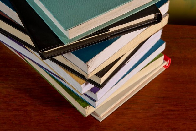 Closeup of background stack of old used books Pile of vintage old books Back to school copy space