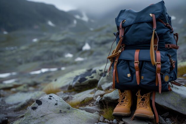 Closeup of backpack on rocky mountain trail