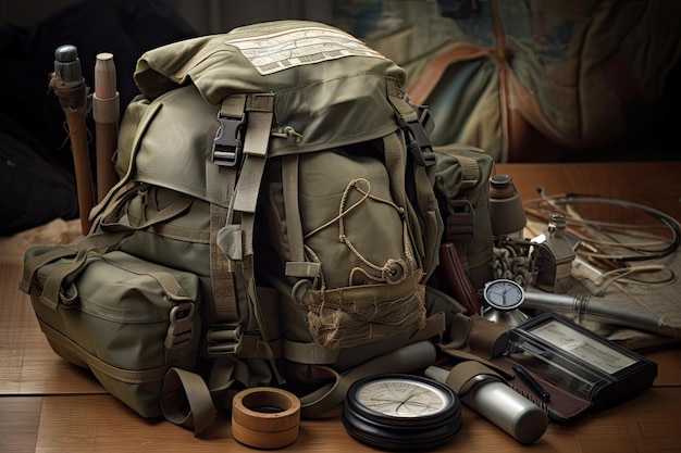 Closeup of backpack with various items and equipment visible created with generative ai