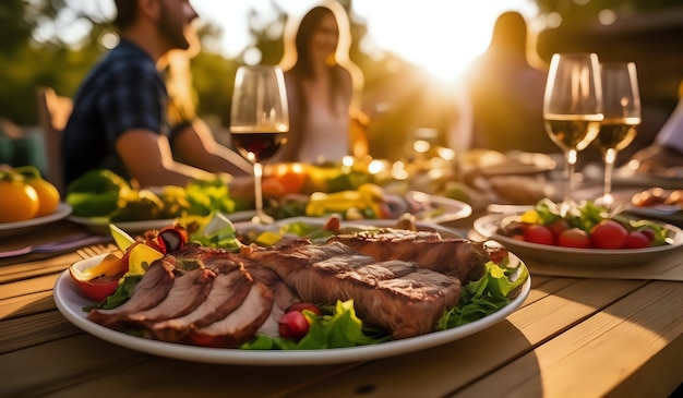 closeup of a backyard dinner table have a tasty grilled BBQ meat Salads and champagne and happy joyful people on background