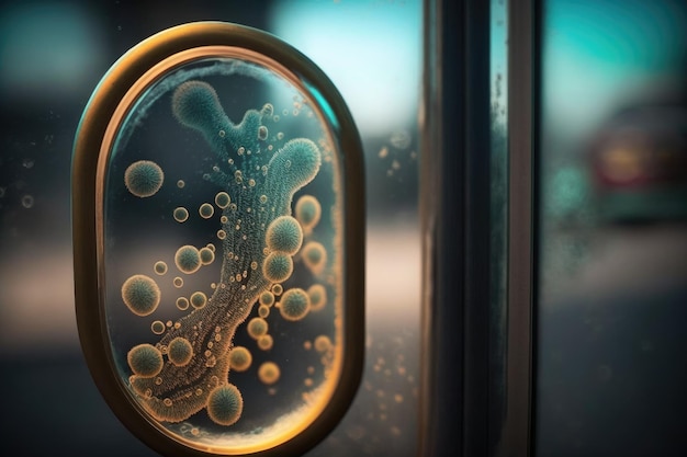 Closeup of bacteria on bus door handle with blur of motion in the background