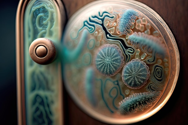 Closeup of bacteria on the door handle with focus on its intricate and diverse textures