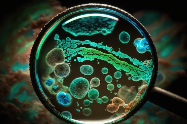 Closeup of bacteria with magnifying glass in the foreground