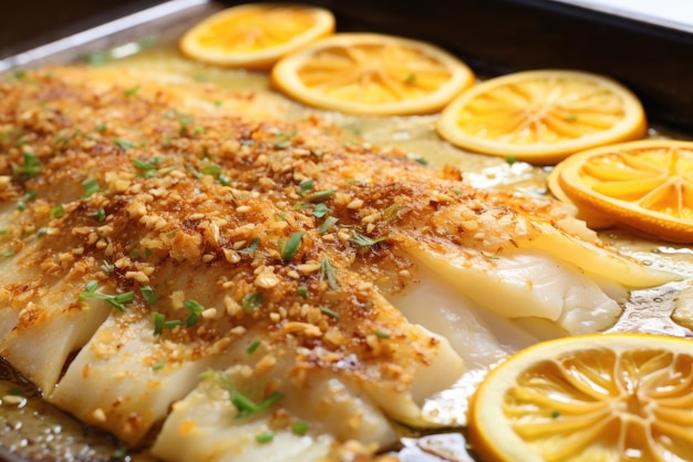 Closeup baked cod surface with glistening lemon glaze