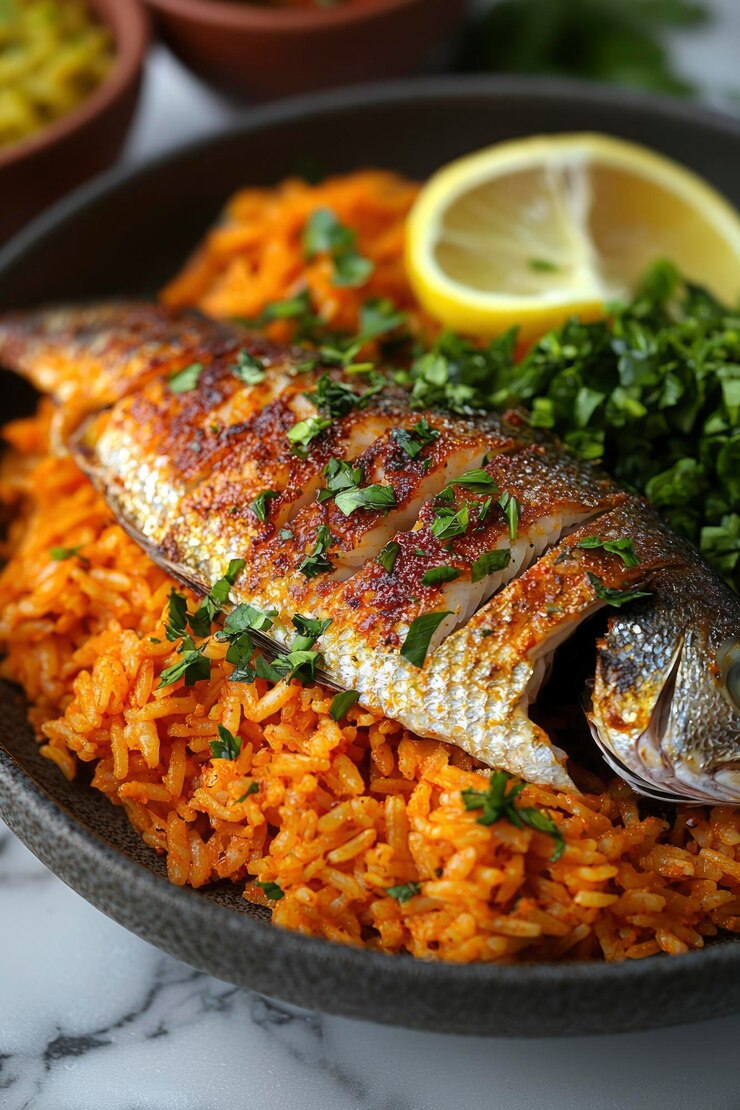 Closeup of Baked Fish Served with Orange Rice and Parsley