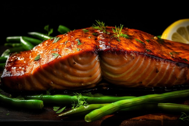 Closeup of baked salmon fish with green beans