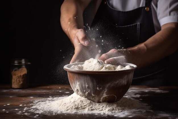 Foto primo piano del fornaio che setaccia la farina per l'impasto con gli ingredienti su fondo testurizzato