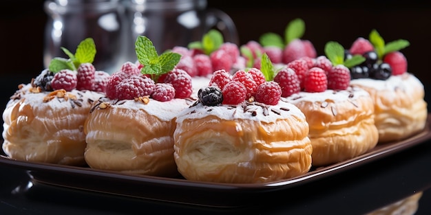 closeup bakery food photograph of golden brown delicious pastries on a dish