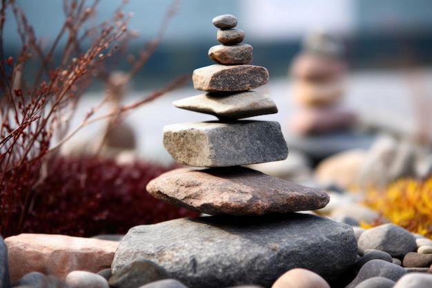 Closeup of balanced stone tower in a zen garden created with generative ai