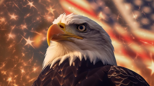 A closeup of a bald eagle perched atop a waving American flag with a backdrop of a starspangled sky Generative AI