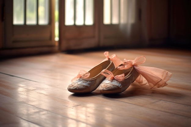 나무 바닥에 있는 발레 신발의 클로즈업은 생성 AI로 만들어졌습니다.