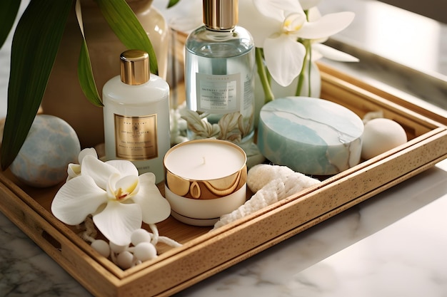 Близкий взгляд на бамбуковые ванные поднос, украшенные ароматными солями для ванны, роскошным мылом