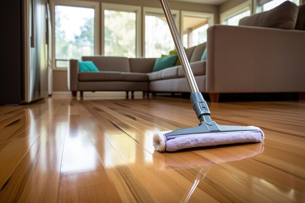 Closeup of bamboo flooring with cleaning solution applied