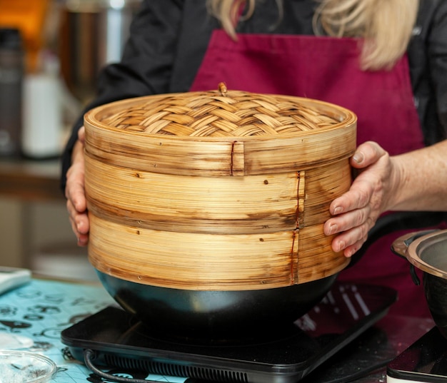 Closeup of a bamboo steamer pot