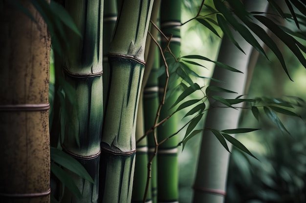 Closeup of bamboo tree trunk with branches and leaves in the background