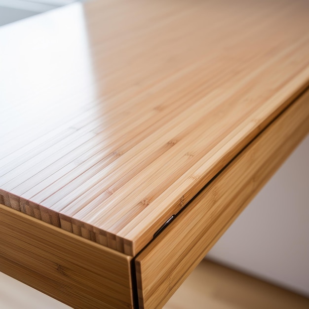 A closeup of a bamboo work desk