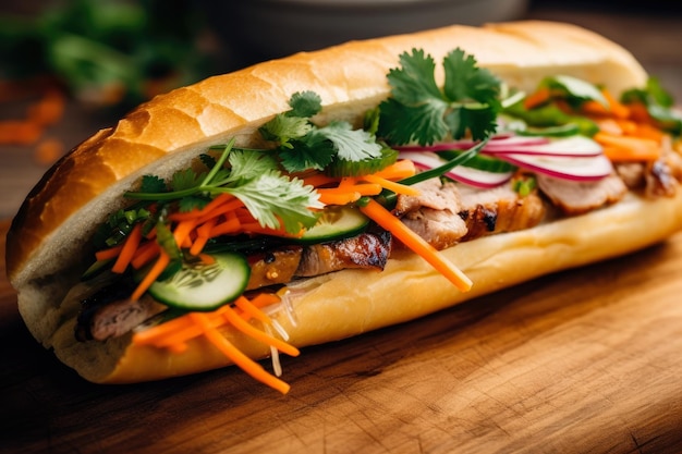 Крупный план Banh Mi с жареной свининой, маринованными овощами и свежими травами