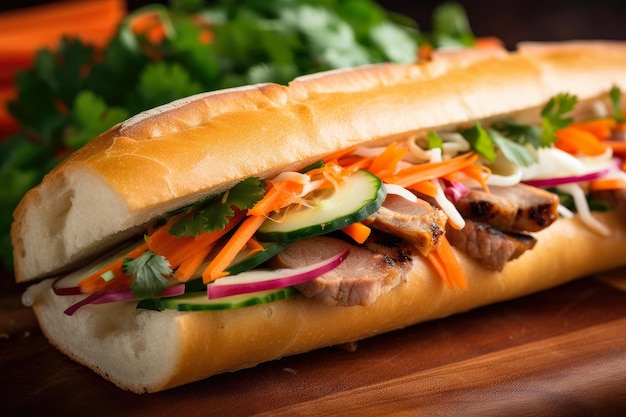 Крупный план Banh Mi с жареной свининой, маринованными овощами и свежими травами