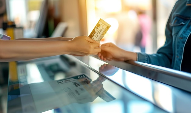 Closeup of Bank Tellers Window with Hands Conducting Transactions