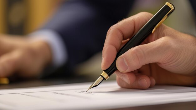 Closeup of a banker39s hand signing an important financial document luxury fountain pen in use