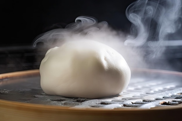 Closeup of bao bun with steam rising from the filling