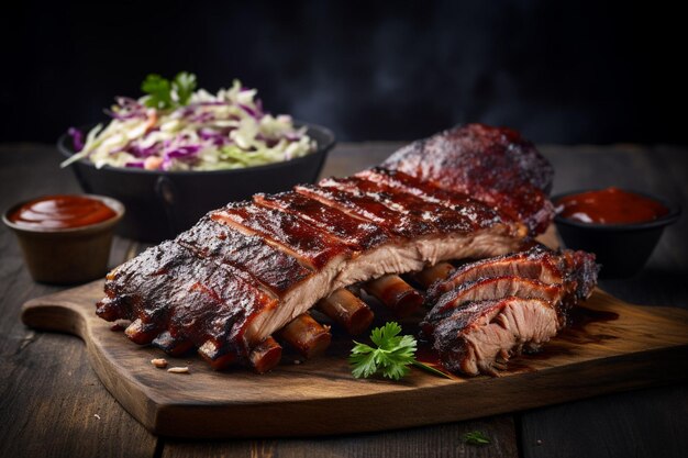 Foto un primo piano di carne di maiale al barbecue che viene vetrata con la salsa