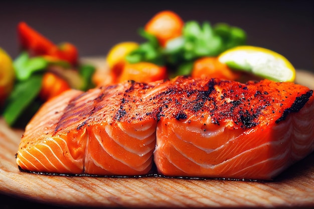 Closeup barbecue zalm vis met groente