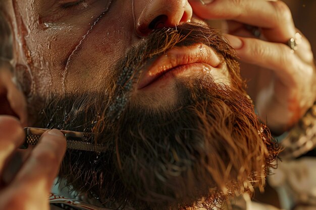 Photo closeup of a barbers hands trimming a beard with p