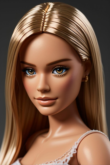 closeup on Barbie doll's face in realistic style wearing white dress with solid background