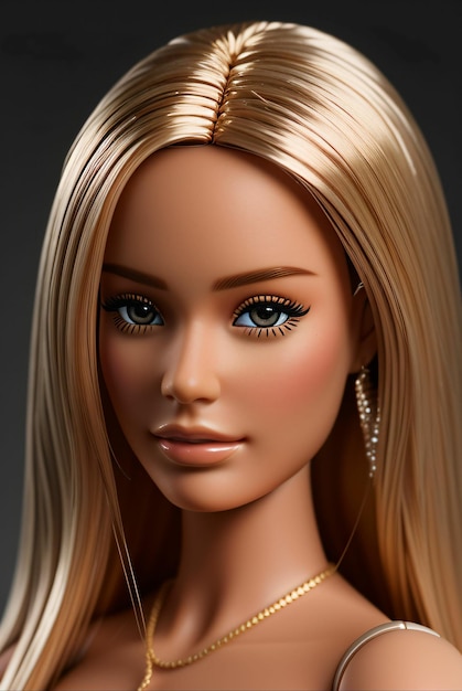 closeup on Barbie doll's face in realistic style wearing white dress with solid background