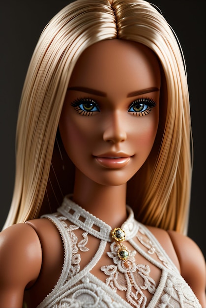 closeup on Barbie doll's face in realistic style wearing white dress with solid background