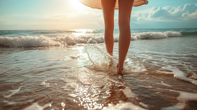 Closeup of bare feet of a woman walking on white grainy sand with a splash of blue ocean water Generative AI