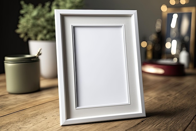 Closeup of a bare picture frame on a wooden table