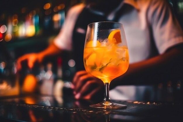 CloseUp of Bartender's Hand Mixing Cocktail at Bar