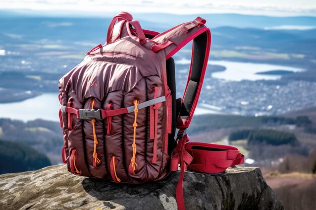 Photo closeup of base jumpers parachute backpack on cliff edge created with generative ai