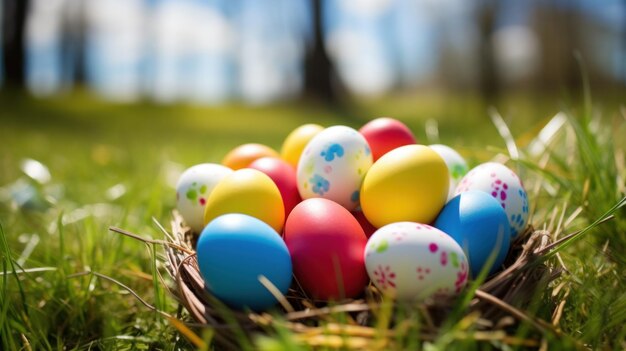 A closeup of a basket filled with vibrant Easter eggs in a grassy setting