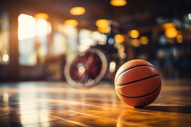 Closeup of basketball ball on the court during wheelchair