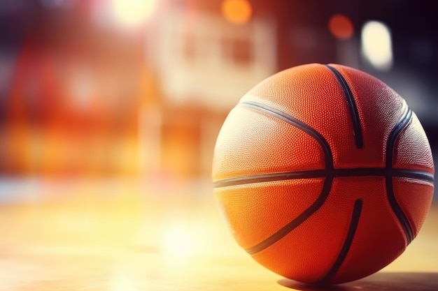 Closeup of a basketball on an indoor court with warm sunset light