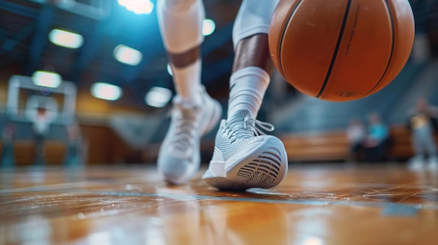 Foto un primo piano di un giocatore di basket con i piedi in movimento sul campo