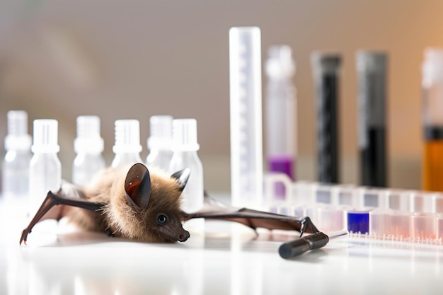 Closeup bat and test tubes in the laboratory on the table in Wuhan China Generative ai