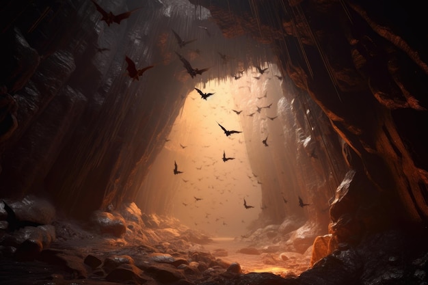 Closeup of bats flying out of a dark cave entrance